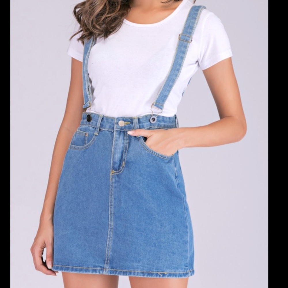 Womens Mini A-Line Overall Suspender Denim Skirt